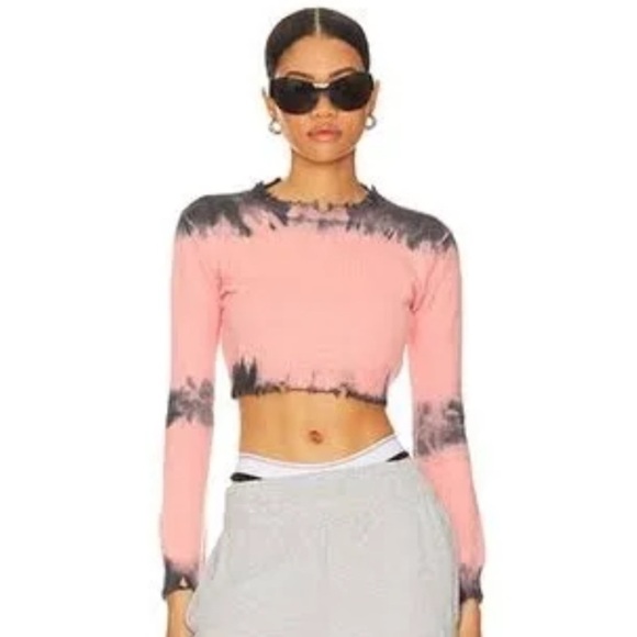 superdown Sweaters - Superdown- Pink and Black Tie Dye Distressed Longsleeve Narelle Cropped Sweater